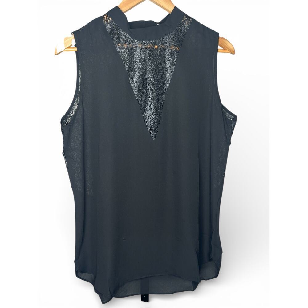 ☀️Krisa Black Mock Neck  Yoke Tank Blouse Sleeveless Top Size L NWT